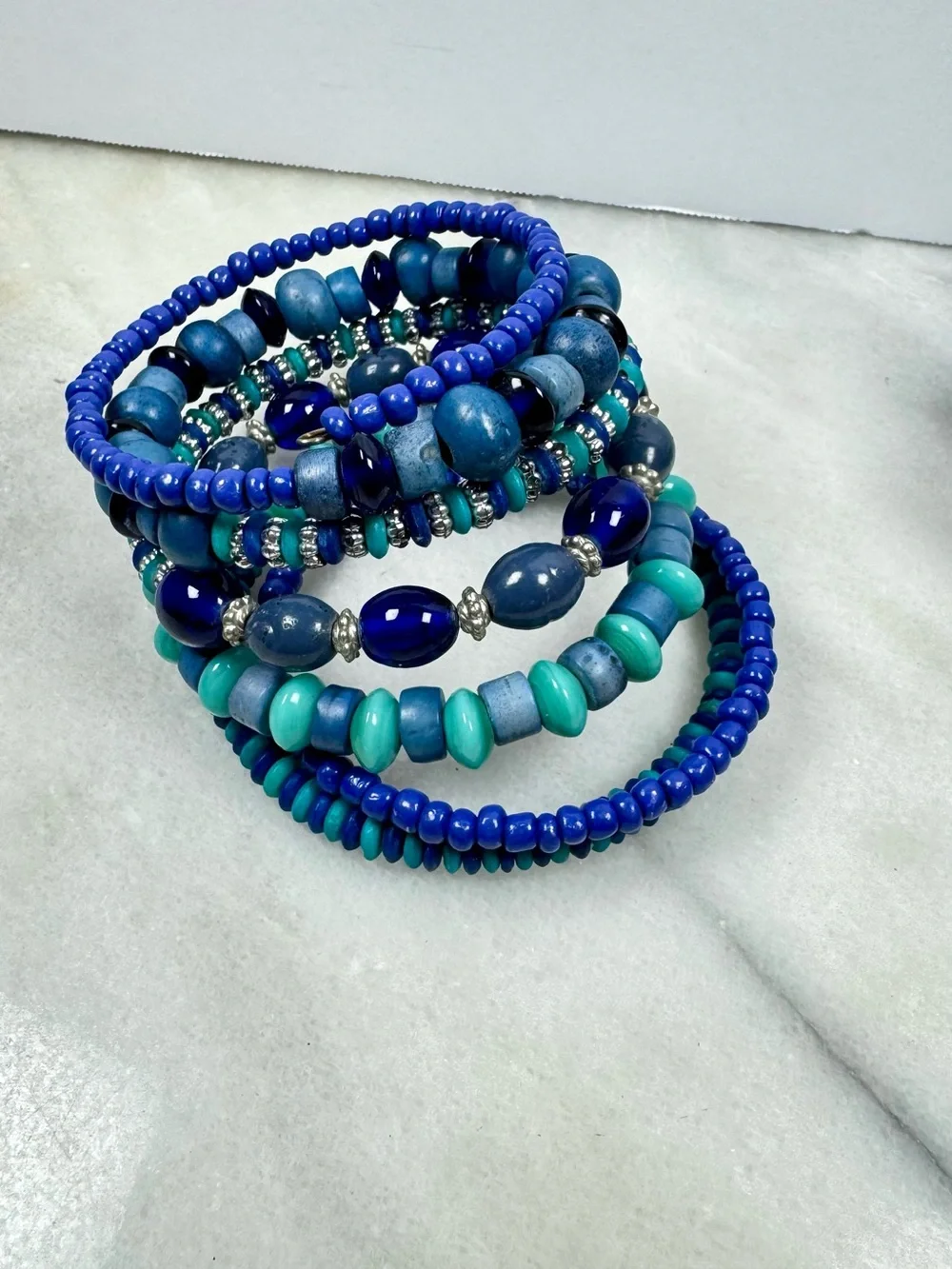 Ocean Hues Multi-Strand Beaded Bracelet Stack - Blue & Teal